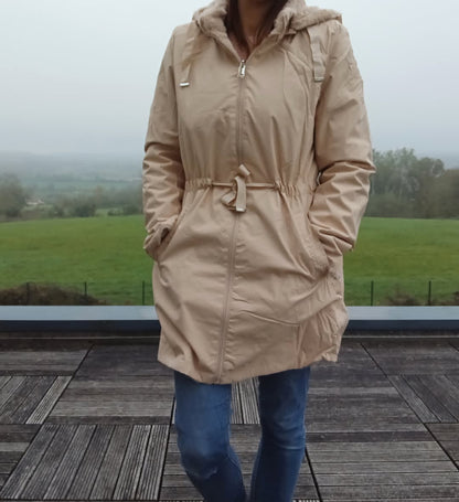 New Lolo - Manteau long BEIGE zip uni réversible, imperméable et complètement fourré resserrable à la taille