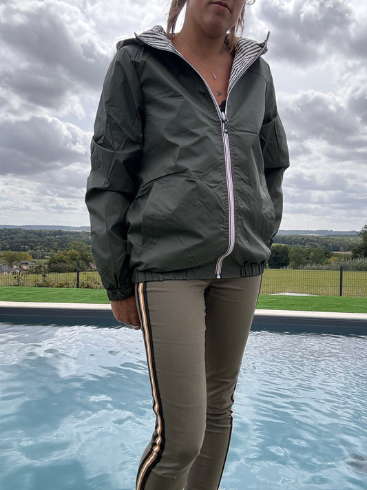 New Lolo - Manteau court mi fesses imperméable réversible kaki capuche intérieur marin kaki blanc