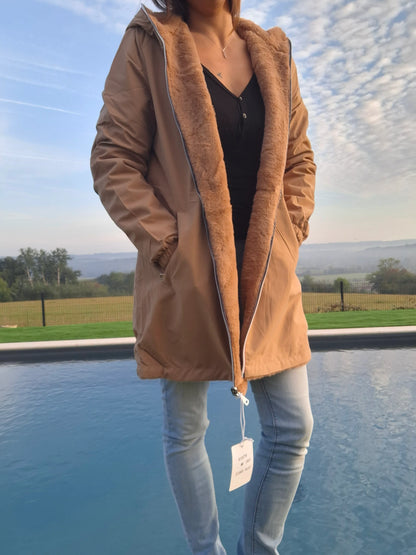 New Lolo - Manteau long camel clair fourré complet réversible imperméable - Curvy