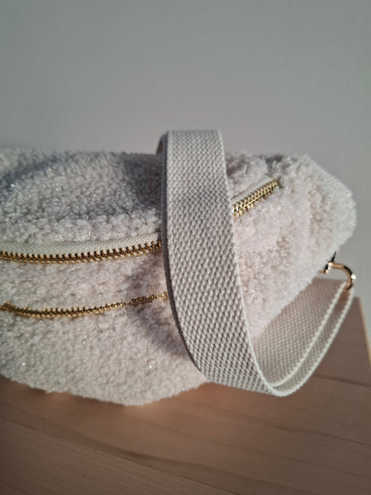 Sac banane peluche moumoute 2 poches blanc cassé