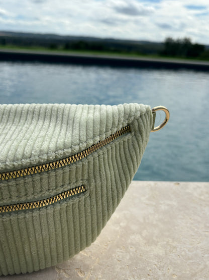 Sac banane velours cotelé 2 poches vert d'eau sangle fantaisie