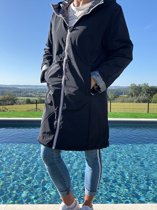 Melya Melody - Imperméable réversible long avec garnissage ouate couleur noir/argenté