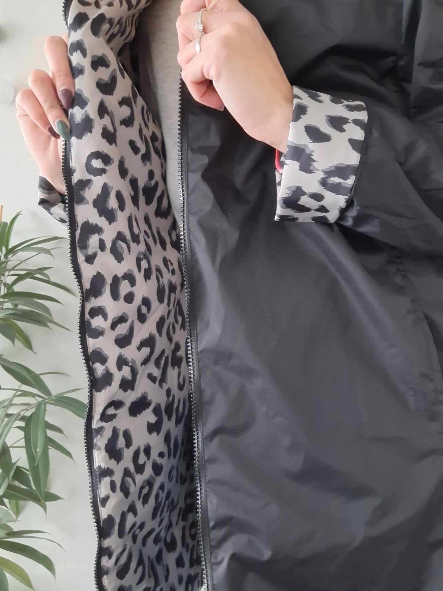 Laura Jo - Imperméable noir réversible léopard long mi-saison garnissage ouate