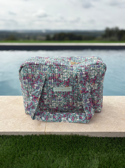 Sac week-end polochon en coton matelassé multicolore liberty fleuri rouge et blanc