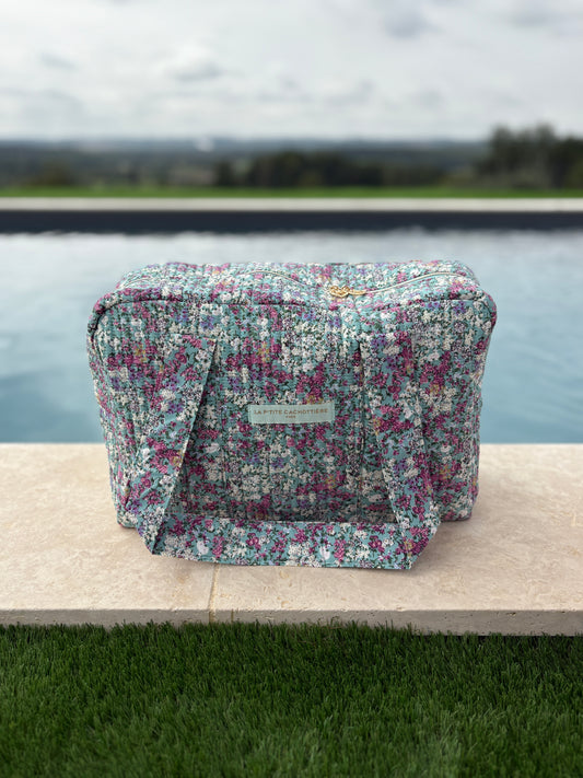 Sac week-end polochon en coton matelassé multicolore liberty fleuri rouge et blanc