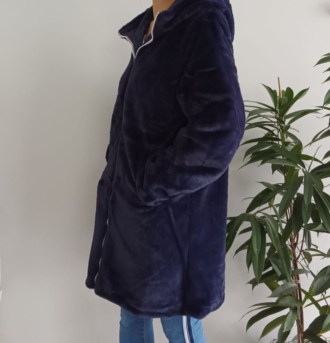 Melya Melody - Manteau long fourré fausse fourrure réversible imperméable bleu marine