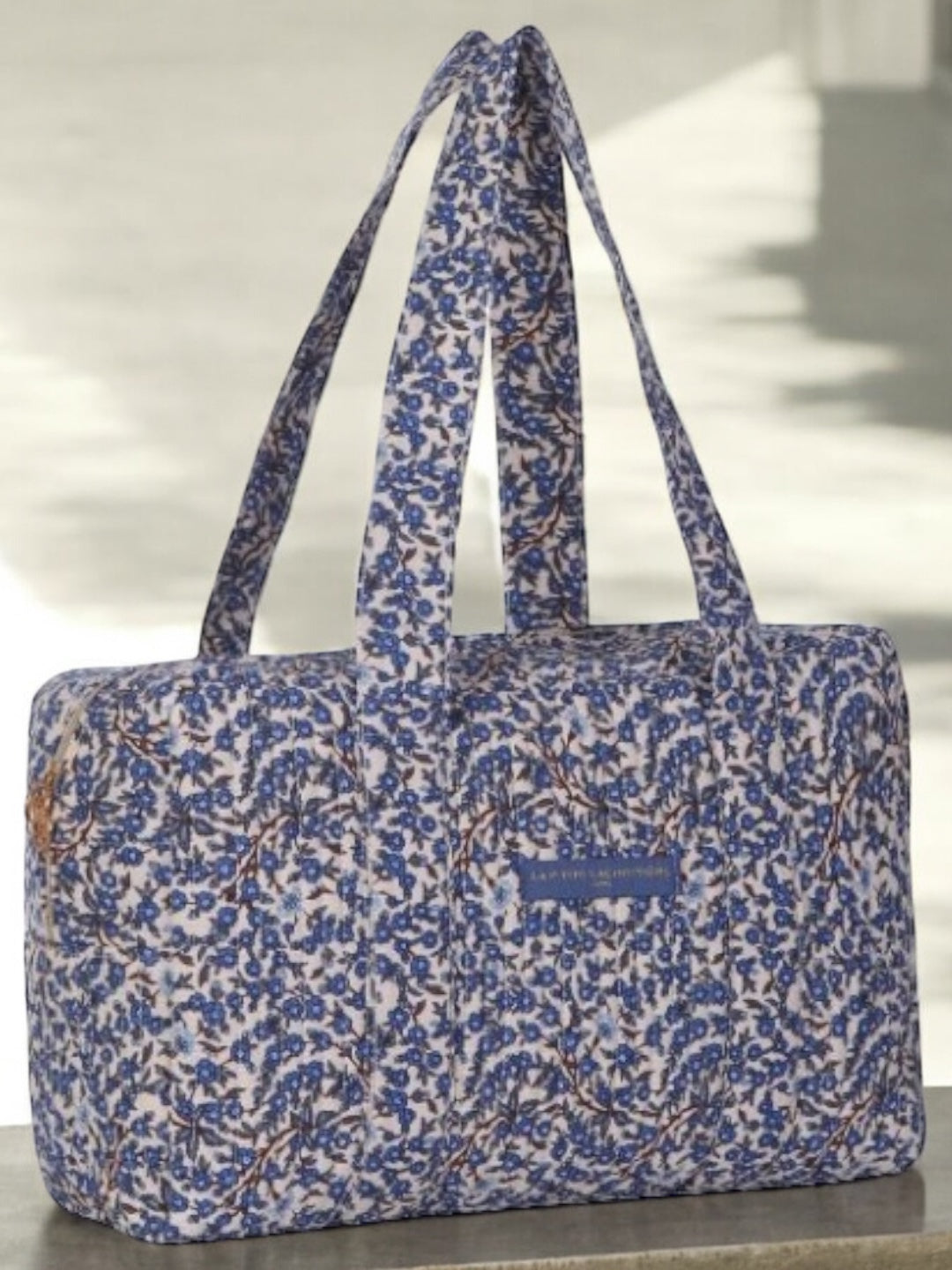 Sac week end de voyage polochon coton matelassé imprimé fleuri bleu marine