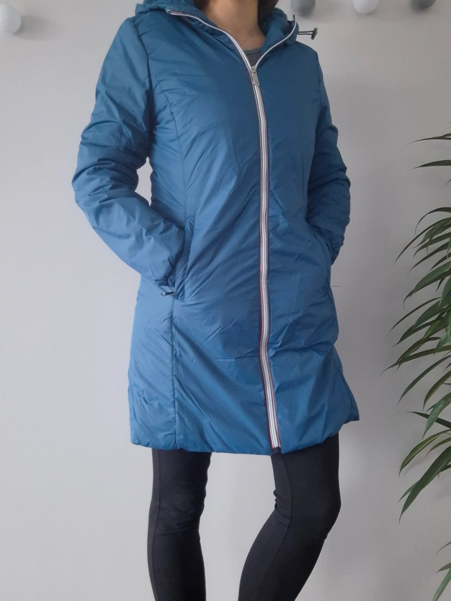 Melya Melody - Manteau long imperméable fourré fausse fourrure bleu canard