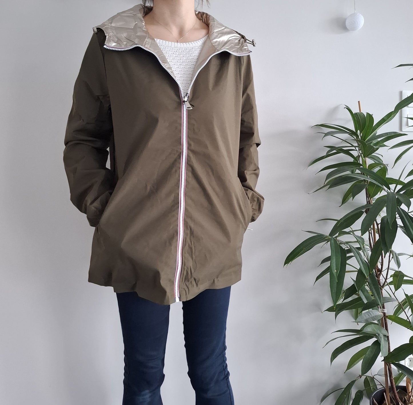 Manteau imperméable réversible mi-long léger Kaki/doré