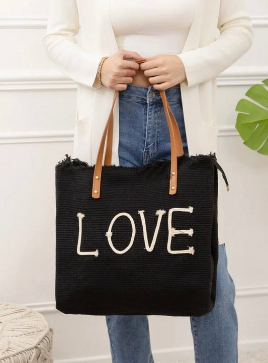 Nouveautés- Sac cabas en coton noir porté épaule avec inscription LOVE