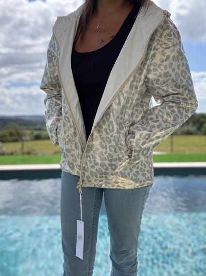 Escandelle - Manteau parka court mi fesses imperméable réversible léopard argenté blanc