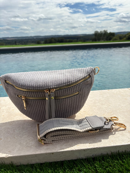 Sac banane velours côtelé 2 poches gris sangle fantaisie