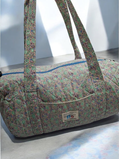 Nouveautés - Sac polochon en coton matelassé motifs à fleurs parme