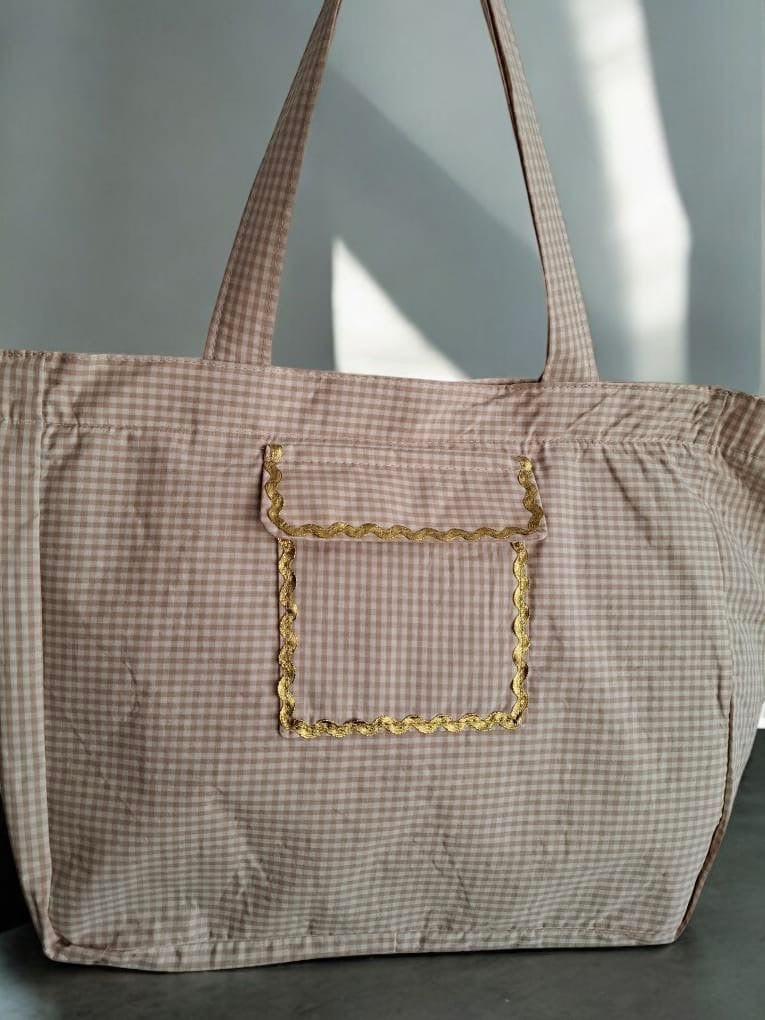 Sac week-end voyage en coton motif à carreaux beige et blanc