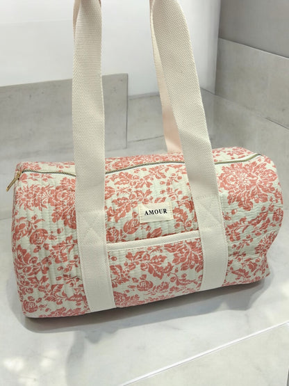 Sac polochon blanc en coton liberty fleuri corail