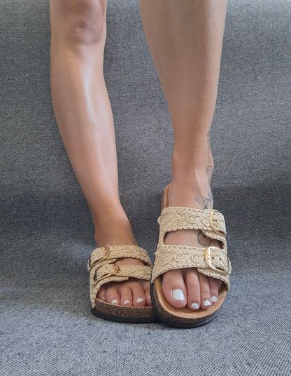 Chaussures sandales 2 brides effet paille beige avec boucles style Birk