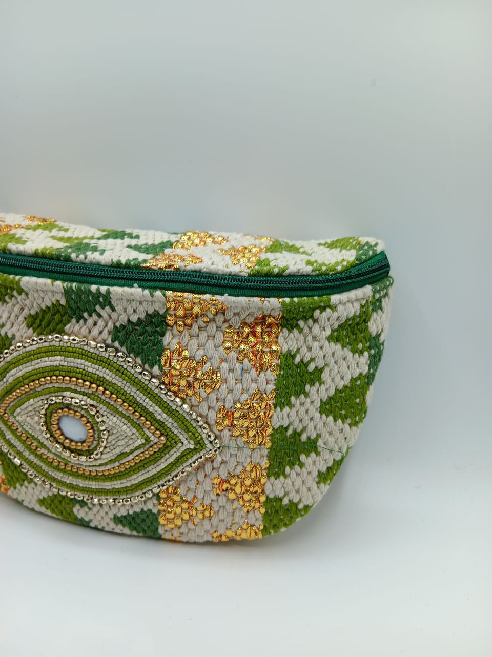 Sac banane tissu et perles vert jaune ecru