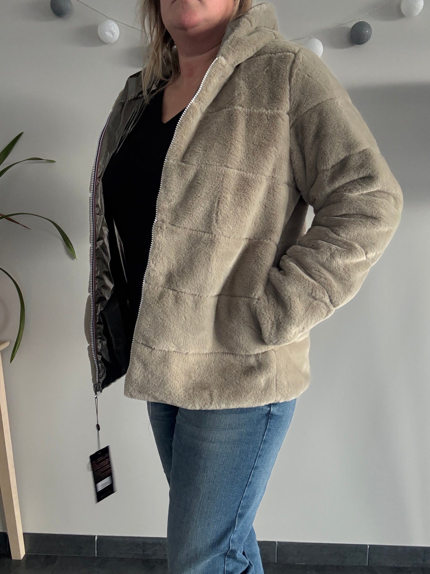 Laura Jo - Manteau imperméable court bronze fourré et réversible