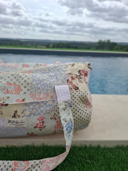 Sac polochon week end de voyage en tissu coton patchwork multicolore fleuri bleu clair orange