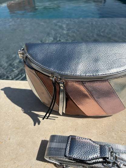 Sac banane simili cuir blanc argenté rosé