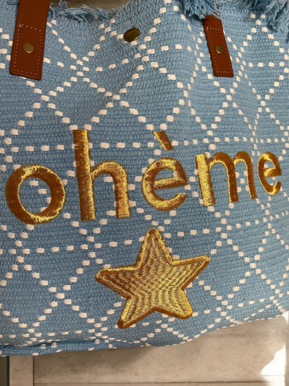 Grand sac fourre-tout bleu ciel avec écriture dorée « Bohème »