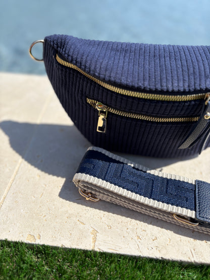 Sac banane velours côtelé 2 poches bleu marine sangle fantaisie