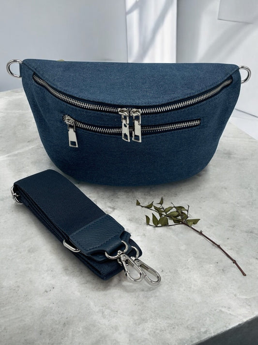 Sac banane tissu jean bleu foncé 2 poches