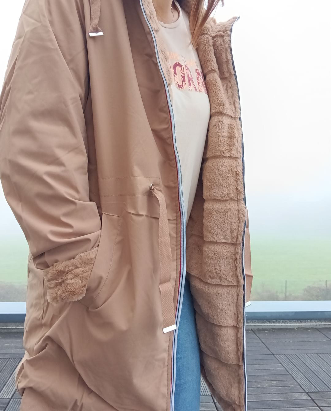 New Lolo - Manteau long CAMEL réversible, imperméable et complètement fourré resserrable à la taille