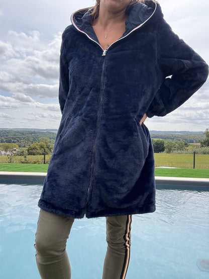 New Lolo - Manteau long bleu marine réversible imperméable fourré fausse fourrure - Curvy