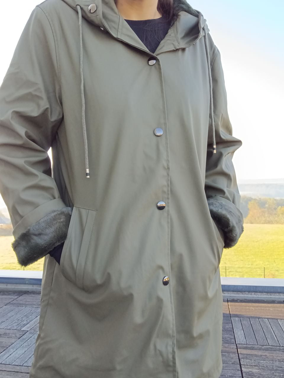 Manteau ciré long fourré imperméable kaki