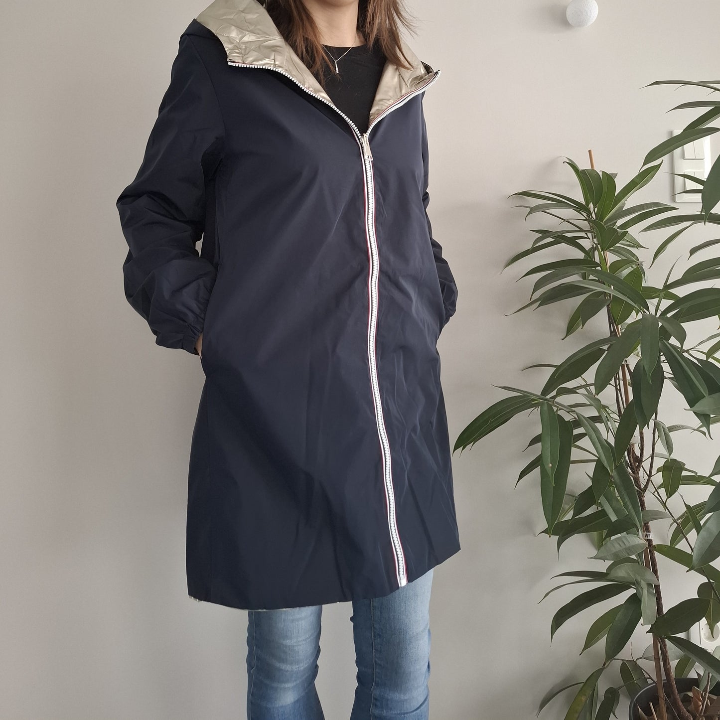 Melya Melody - Manteau léger long réversible imperméable bleu marine doré