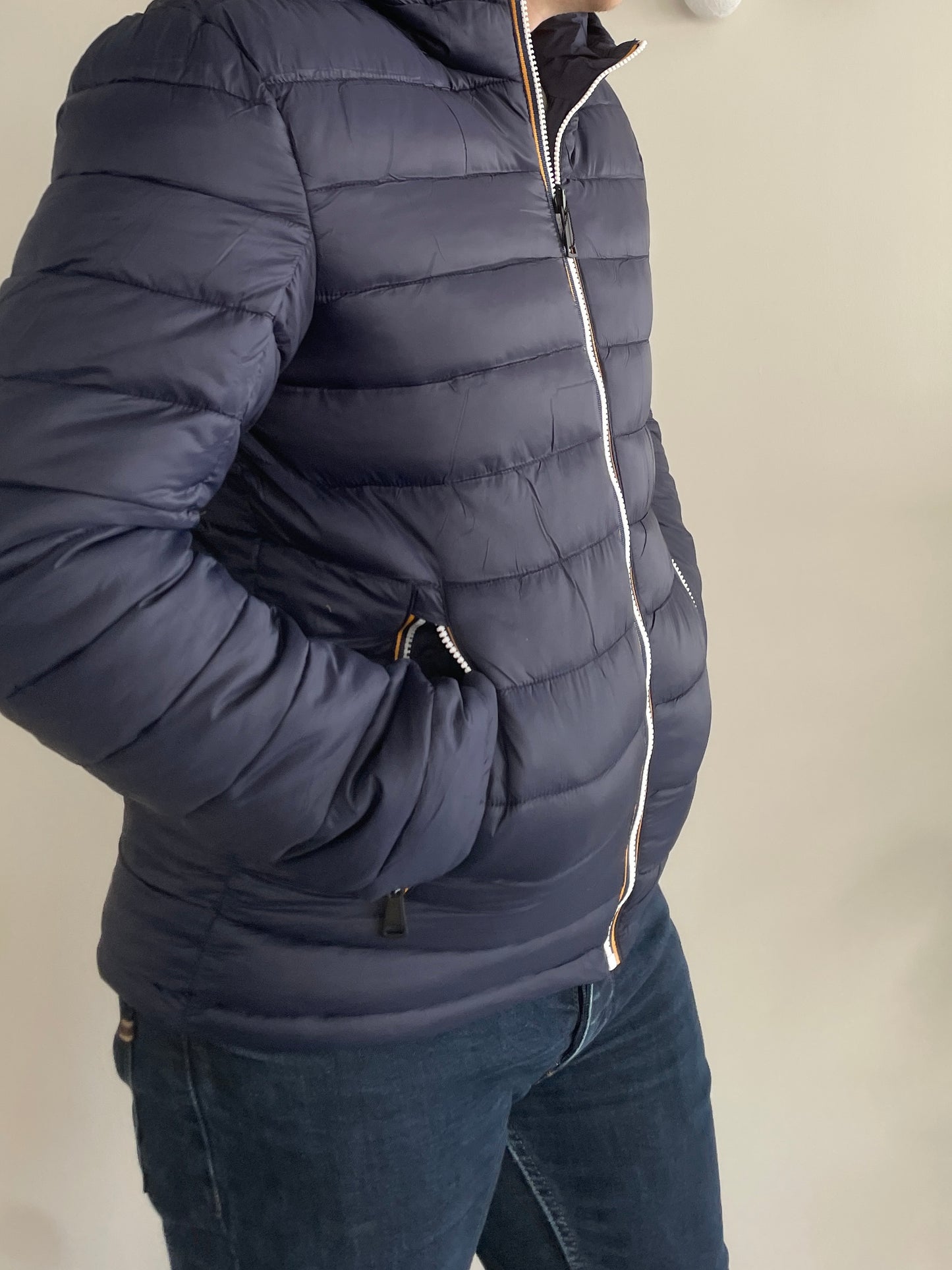 Doudoune à capuche HOMME courte imperméable et réversible matelassé bleu marine