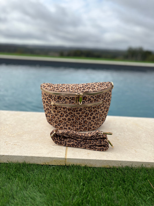 Sac banane tissu doux léopard beige clair 2 poches