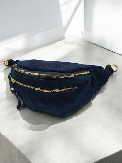 Sac banane croute de cuir velours 2 poches bleu marine