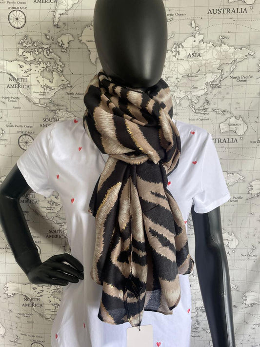 Foulard en tissu motifs zébré noir et taupe avec touche de doré