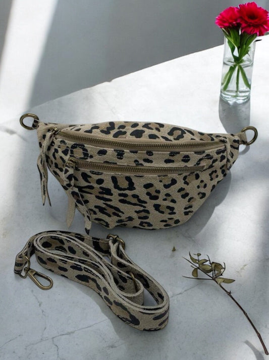 Sac banane cuir velours leopard 2 poches