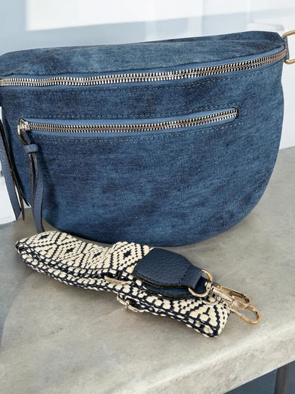 Sac banane en tissu jean bleu foncé 2 poches