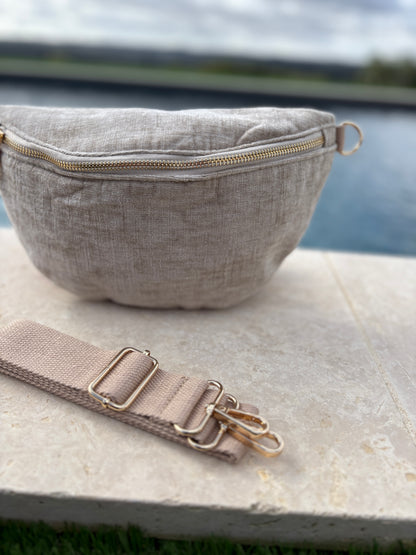 Sac banane en tissu velours texturé beige gris