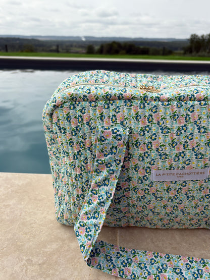 Sac week-end polochon en coton matelassé liberty fleuri bleu turquoise et touches orange
