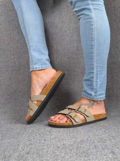 Chaussures sandales type Birk à 2 brides kaki semelle intérieure cuir