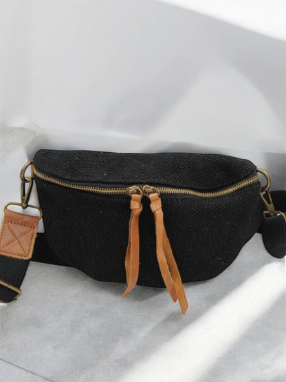 Nouveautés - Sac banane en jute noir 1 poche doubles curseurs