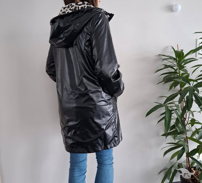 Attrait Paris - Manteau long sans ouate imperméable noir réversible avec motif léopard avec capuche