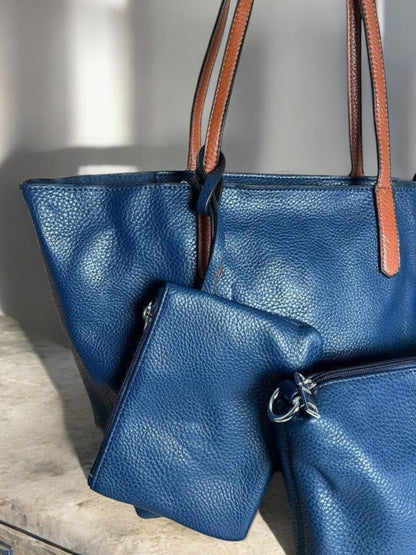 Sac à main 3 pieces simili cuir bleu marine avec porte monnaie et trousse et anses camel