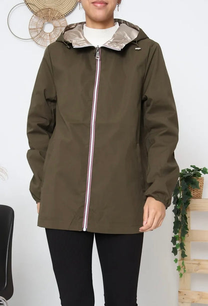 Manteau imperméable réversible mi-long léger Kaki/doré