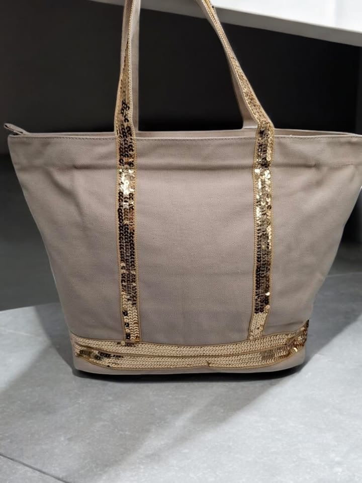 Sac à main style cabas porté main en tissu beige avec sequins dorés