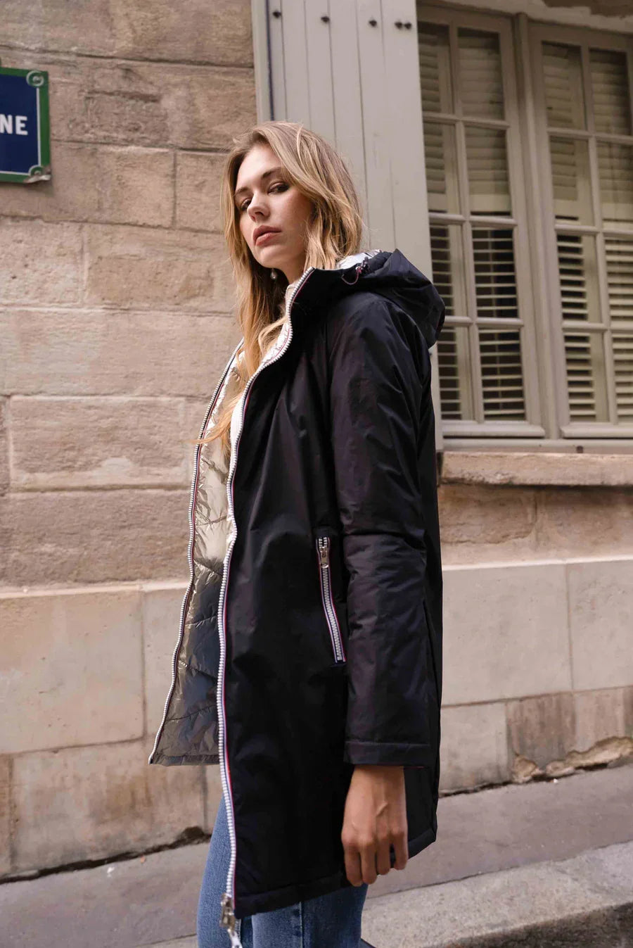 Laura Jo - Manteau doudoune longue matelassé réversible imperméable noir doré avec capuche