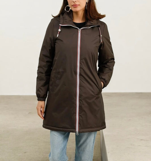 Laura Jo - Imperméable long doublé en fausse fourrure cordon tricolore couleur marron chocolat