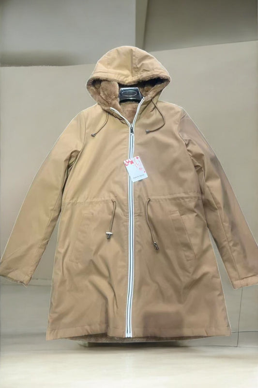 New Lolo - Manteau long camel réversible imperméable fourré fausse fourrure avec un cordon de resserrage à la taille- Curvy
