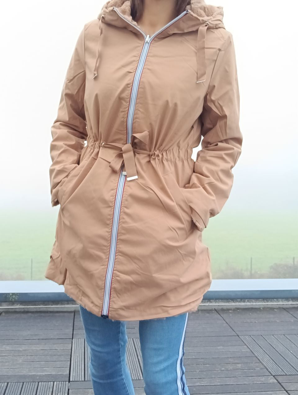 New Lolo - Manteau long CAMEL réversible, imperméable et complètement fourré resserrable à la taille