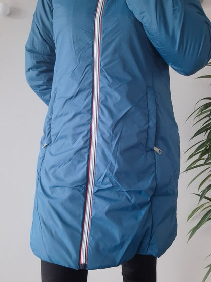 Melya Melody - Manteau long imperméable fourré fausse fourrure bleu canard